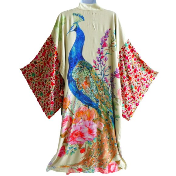 Aratta Dresses & Skirts - Aratta Silent Journey Wedding Kimono Duster Robe Peacock Burnout Velvet Sleeve L